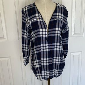 3/4 Sleeve Blue Plaid Top